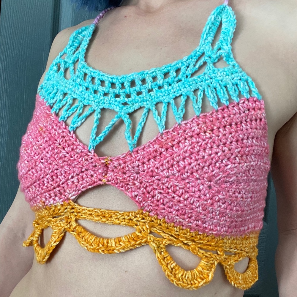 HAND CRAFTED  Handmade Crochet Halter Top~ Pink/Orange/Blue